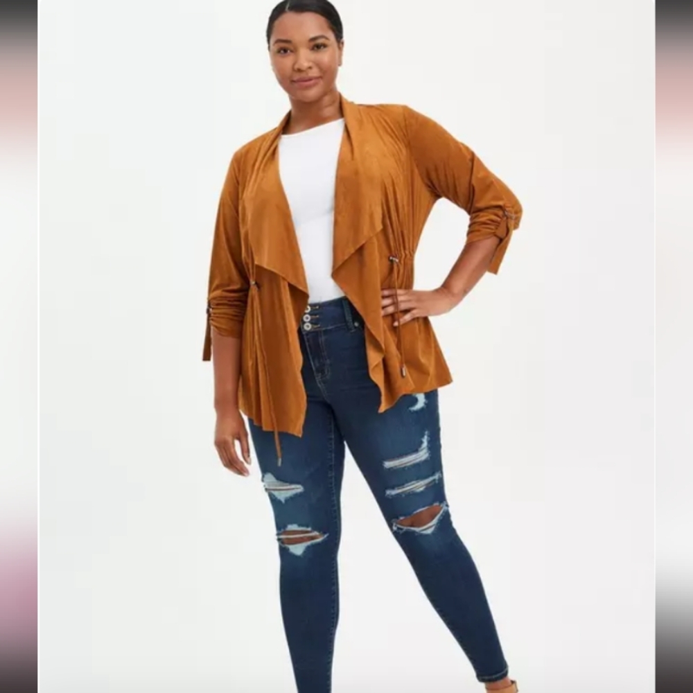 Torrid Faux Suede Drape Front Jacket Sz 1 - Picture 2 of 5